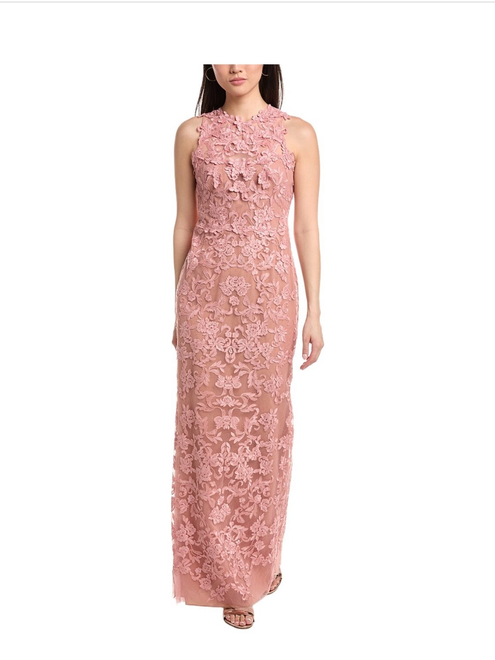 Marchesa Notte Rose Lace Designer Maxi Gown with Floral Appliqué
